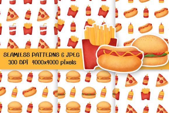 Watercolor Fast Food Seamless Patterns for Creative and Practical Use
