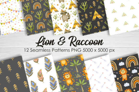 Watercolor Lion, Raccoon, Patterns